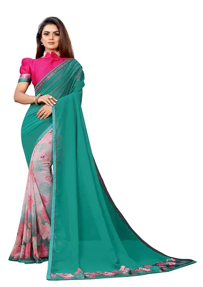 Harvilsan Women's Georgette Printed Saree with Banglori Silk Contrast Blouse
