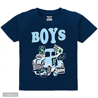 Stylish Navy Blue Printed Cotton T-Shirt For Boys-thumb0