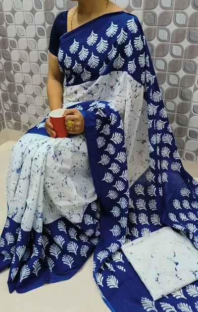 Attractive Cotton Printed Ikat Sarees With Blouse Piece
