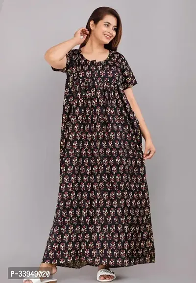 Elegant Black Cotton Printed Nighty For Women-thumb0