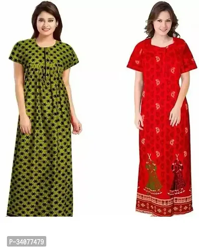 Elegant Multicoloured Cotton Printed Nighty For Women Pack of 2-thumb0