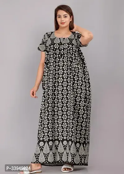 Elegant Black Cotton Printed Nighty For Women-thumb0