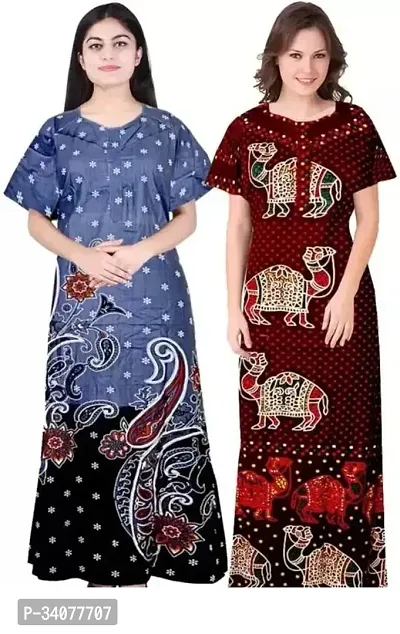 Elegant Multicoloured Cotton Printed Nighty For Women Pack of 2-thumb0