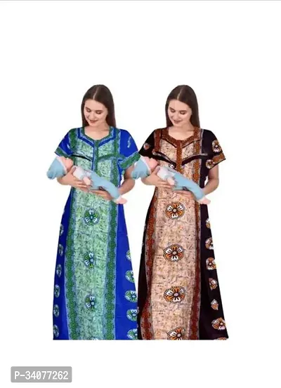 Elegant Multicoloured Cotton Printed Maternity/nursing Nighty For Women Pack of 2-thumb0