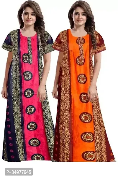 Elegant Multicoloured Cotton Printed Nighty For Women Pack of 2-thumb0