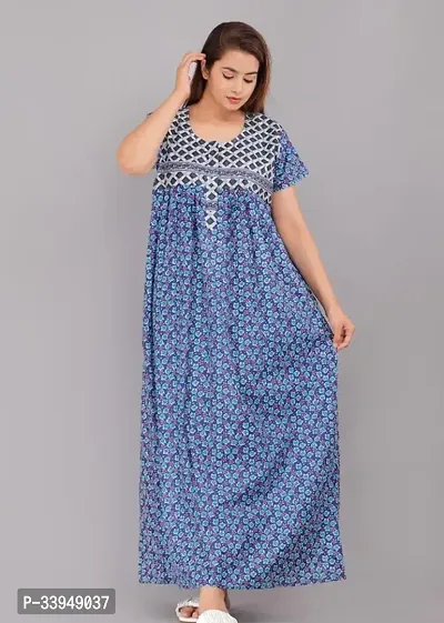 Elegant Blue Cotton Printed Nighty For Women-thumb0