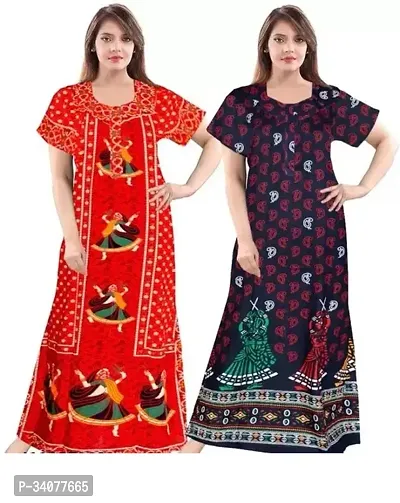 Elegant Multicoloured Cotton Printed Nighty For Women Pack of 2-thumb0