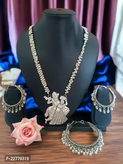 HandMade Stylish Designer Oxidised Radha Krishna Chain Pendant Necklace 3 Pc Set