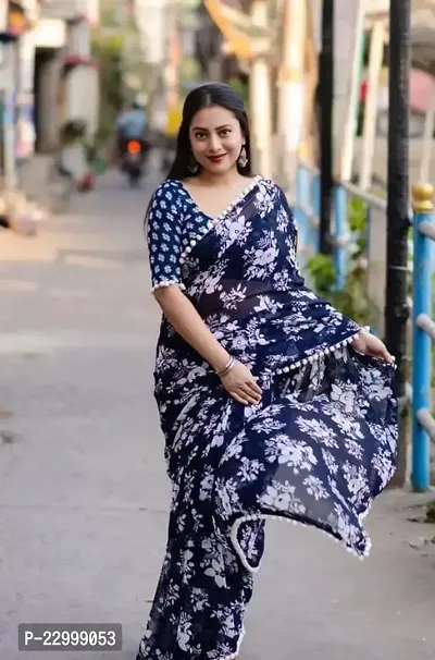 New Trendy Fancy Printed Saree(Navy Blue)