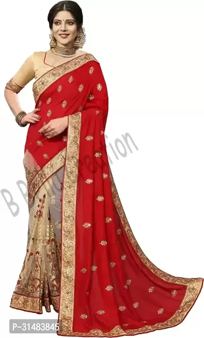 Stylish Red Georgette Saree With Blouse Piece For Women-thumb0