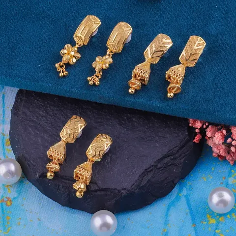 Women Girls Gold Plated Brass Fancy Stylish Zircon Bali Earring For Pack Of 3