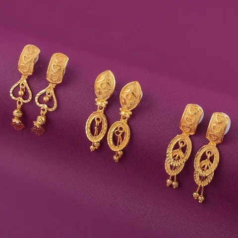 Women Gold Plated Brass Stylish Zircon Bali Earring Set Of 3