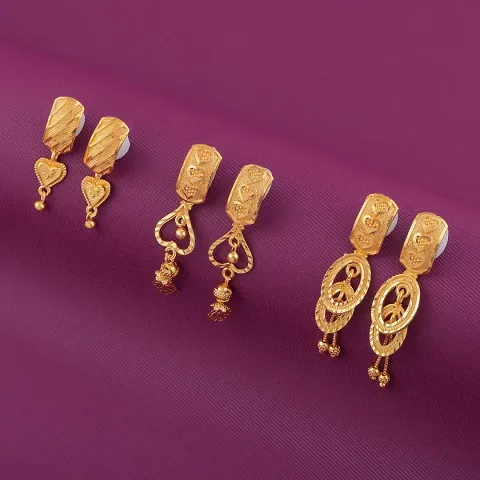 Women Girls Gold Plated Brass Zircon Bali Earring For Pack Of 3