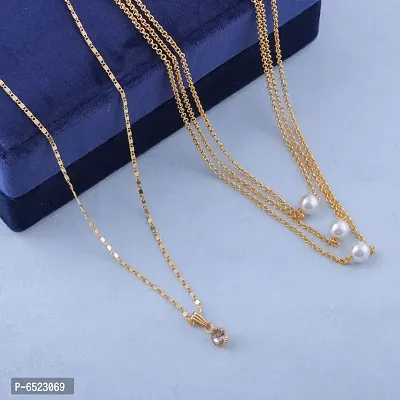 (Combo Of 2)Beautiful Hand Picked Pearl With Yellow Gold Chain With Single Diamond Solitarie With Yellow Gold Platted Chain. Design.-thumb0