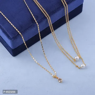 (Combo Of 2)Beautiful Hand Picked Pearl With Yellow Gold Chain With Single Diamond Solitarie With Yellow Gold Platted Chain.-thumb0