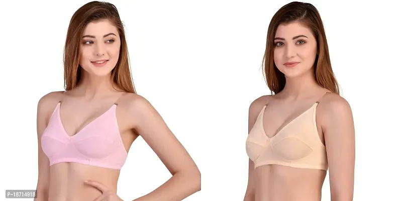 Women's Girl's Cotton Non-Padded with Transparent Strip Regular Bra Set of 2 by The Stylers (38, Baby Pink and Skin)