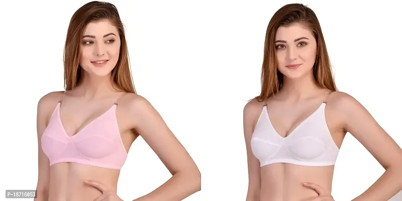 Women's Girl's Cotton Non-Padded with Transparent Strip Regular Bra Set of 2 by The Stylers (40, Baby Pink and White)