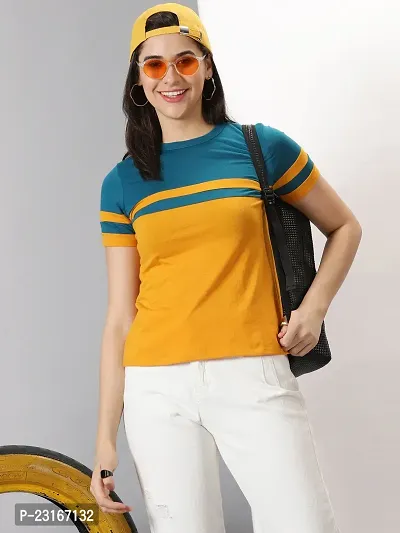 Elegant Yellow Cotton Blend Striped T-Shirts For Women-thumb4