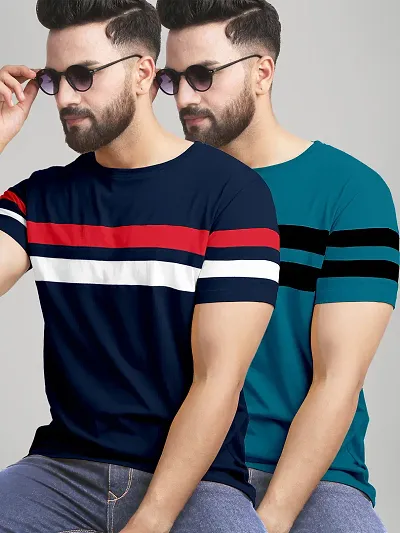 Trendy  Cotton Blend Colourblocked Round Neck Tees For Men- Pack Of 2