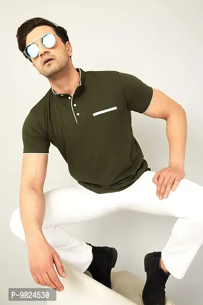 Stylish Cotton Olive Solid Round Neck Tees Short Sleeves For Men-thumb5