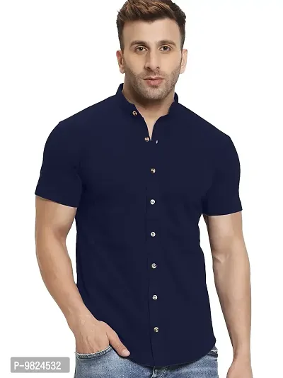GESPO Men's Shirts Half Sleeves Mandarin Collar(Blue-Medium)