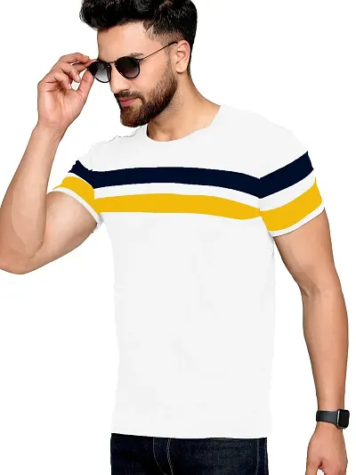 AUSK Men's Half Sleeve Round Neck Striped Tshirt (Large, White)