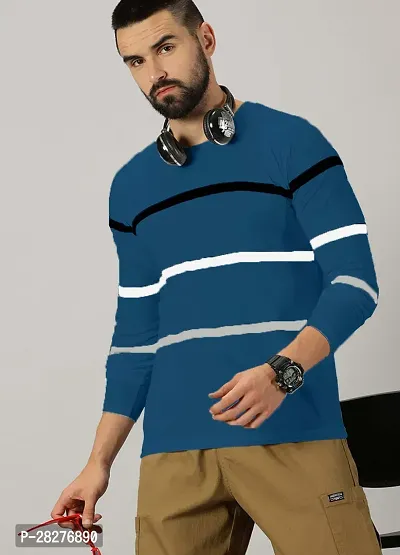 Stylish Teal Cotton Blend Striped Round Neck Tees For Men