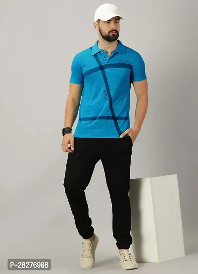 Stylish Cotton Blend Blue Printed Polos Short Sleeves For Men-thumb5