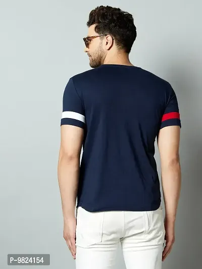 Stylish Cotton Navy Blue Colourblocked Round Neck Tees Short Sleeves For Men-thumb2