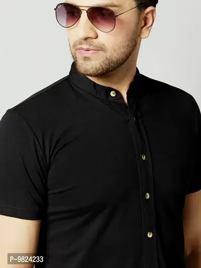 GESPO Men's Black Mandarin Collar Half Sleeve Casual Shirt-thumb4