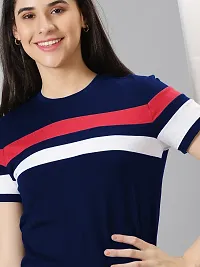 Elegant Navy Blue Cotton Blend Striped T-Shirts For Women-thumb2