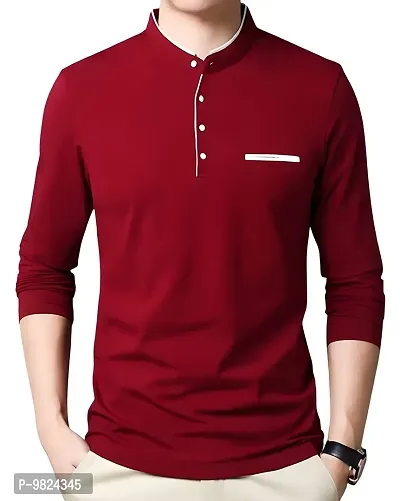 AUSK Men's Henley Neck Full Sleeves Regular Fit Cotton T-Shirts (Color-Red_Size-XL)-thumb0