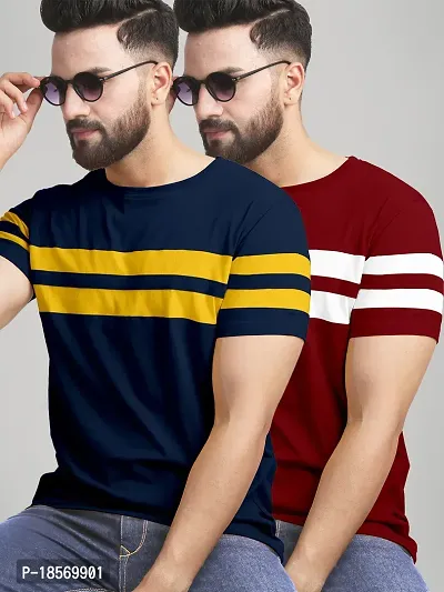 Stylish Cotton Blend Multicoloured Colourblocked Round Neck Tees Short Sleeves For Men Pack Of 2