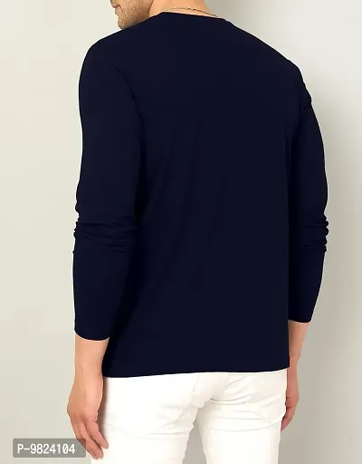 Stylish Cotton Navy Blue Printed Round Neck Tees Long Sleeves For Men-thumb2