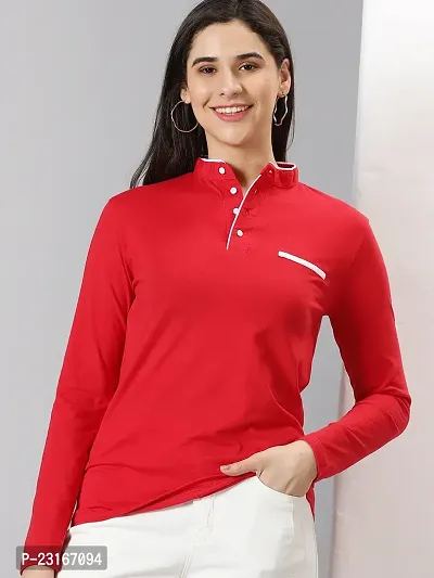 Elegant Red Cotton Blend Solid T-Shirts For Women