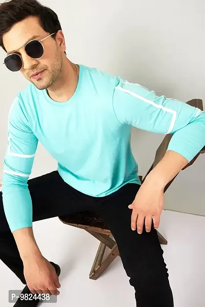 Stylish Cotton Blue Solid Round Neck Tees Long Sleeves For Men-thumb2