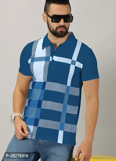 Stylish Teal Cotton Blend Printed Polos For Men