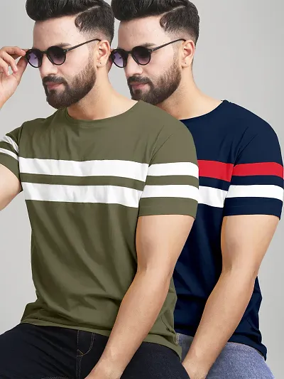 Elegant Cotton Blend Colourblocked Round Neck Tees For Men- Pack Of 2