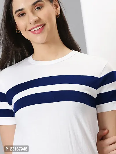 Elegant White Cotton Blend Striped T-Shirts For Women-thumb3