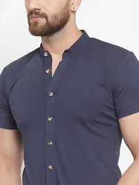 Navy Blue Cotton Solid Regular Fit Casual Shirt-thumb3