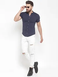 Navy Blue Cotton Solid Regular Fit Casual Shirt-thumb1