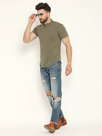 Green Cotton Solid Regular Fit Casual Shirt-thumb1