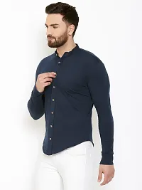 Navy Blue Cotton Solid Regular Fit Casual Shirt-thumb2