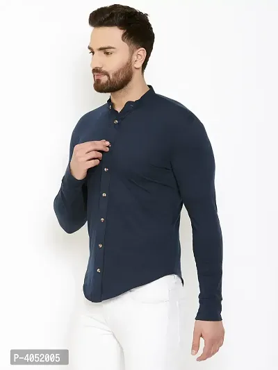 Navy Blue Cotton Solid Regular Fit Casual Shirt-thumb3