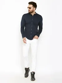 Navy Blue Cotton Solid Regular Fit Casual Shirt-thumb1