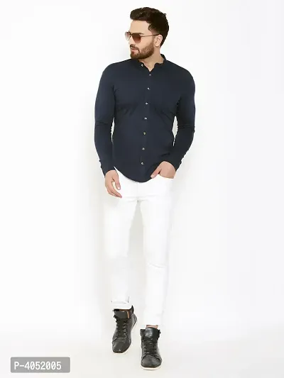 Navy Blue Cotton Solid Regular Fit Casual Shirt-thumb2