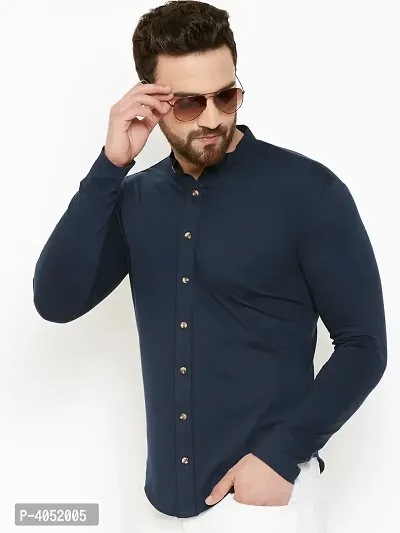 Navy Blue Cotton Solid Regular Fit Casual Shirt-thumb0