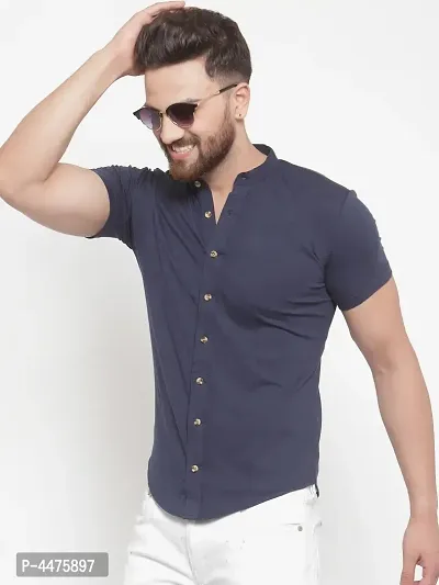 Men's Navy Blue Cotton Solid Short Sleeves Regular Fit Casual Shirt