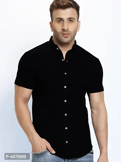 Men's Black Cotton Solid Short Sleeves Regular Fit Casual Shirt