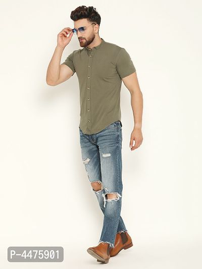 Men's Green Cotton Solid Short Sleeves Regular Fit Casual Shirt-thumb2